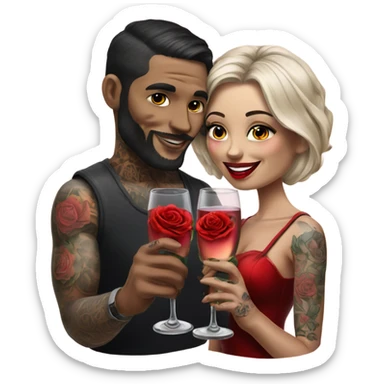 Hyper Realistic tattooed couple drinking champagne with red roses  sticker