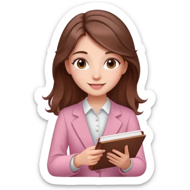  happy elegant  beautiful girl flowy brown hair that is more valuable then corals studying with a cute pink aura behind here  sticker