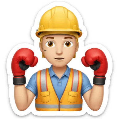 friendly construction worker with yellow helmet and red boxing gloves, clear facial expression sticker