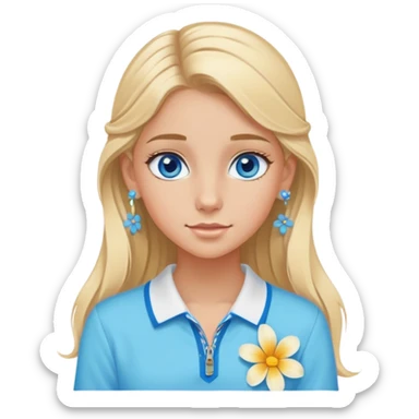 preppy coastal teen girl with blue eyes, beach blonde hair, tan skin, small flowers in her ear, preppy beach outfit sticker