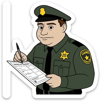 Make the game warden a white male with brown hair, writing a ticket for a wildlife law infraction, no background, keep the bufo frog meme style look. sticker