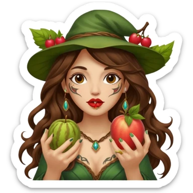 forest mage woman long wavy brown hair tattoos holding fruit near lips sticker