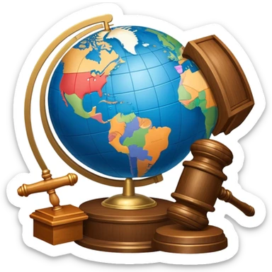 An icon featuring a globe with a gavel and a political map, symbolizing political science. The design includes a ballot box and a podium, representing democracy and governance. Transparent background highlights the study of political systems and global relations. sticker