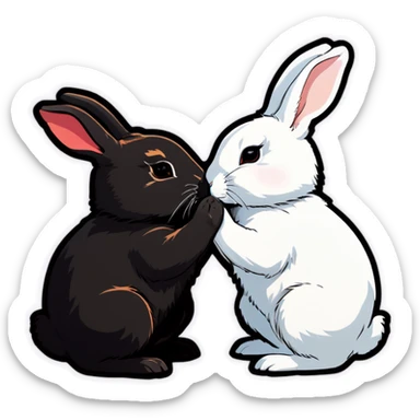 Black rabbit and white rabbit touching noses sticker