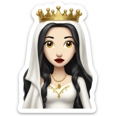 Queen with pale skin, long black hair, bright red lips, skinny gold crown, white dress, and evil stare.  sticker