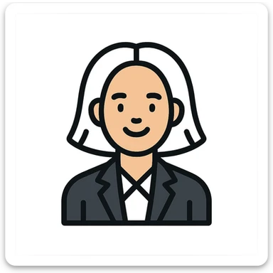 Man with white hair parted in the middle, black in color, shoulder-length, smiling, wearing a white shirt and a black jacket sticker