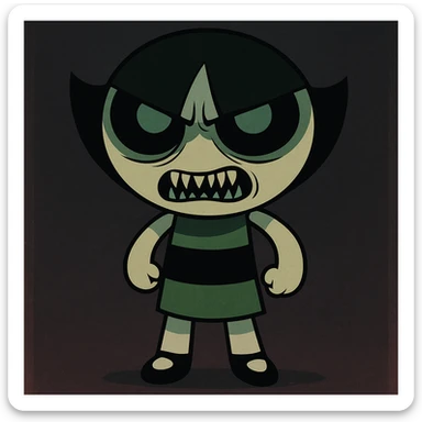Full body cartoon style of Buttercup from Powerpuff Girls with a scarier and more intimidating face, keeping her signature green dress and short hair, using dark and eerie colors for the rest of the image. sticker