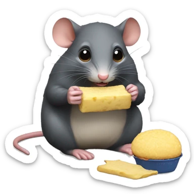 Ratón adorable sentado comiendo sticker