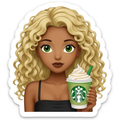 a black girl with long curly wavy blonde hair and green eyes wearing a black tube top holding a starbucks matcha facing forward aesthetic  sticker