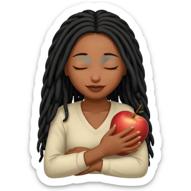 Soft feminine emoji with deep brown skin (Apple’s darkest), long black locs, eyes closed, gently cradling locs. Rounded, simple features, subtle smile. Clean, minimal Apple-style vector art, transparent background. sticker