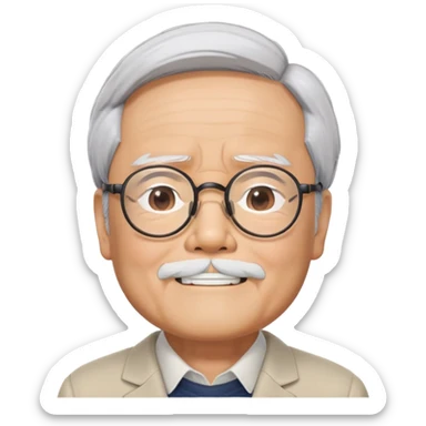 _cinematic-realistic-portrait-of-hayao-miyazaki,-depicted-with--large-rectangular-glasses,-his-happy-expression-rendered-in-lifelike-detail,-illuminated-with-soft,-realistic-lighting-that-emphasizes-his-creative-genius, his eyes shut   sticker