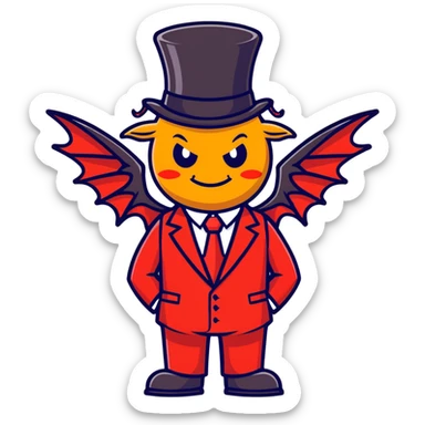 A waffle wearing a top hat and a red business suit with demon wings sticker