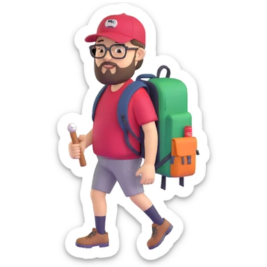 adventurer with goatee beard (no beard on cheeks), short hair, glasses, backwards baseball cap and backpack sticker