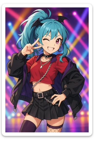 Rumi from Kpop Demon Hunters, playful pose, winking, colorful stage background, trendy K-pop attire, anime-inspired style sticker