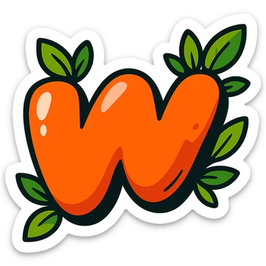 plump vibrant Wattpad logo 'w' in cartoon style with bold outline expressive shadows glossy highlights decorated with bright leaves around the logo no background sticker