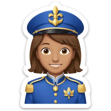 Bonjour, est ce que tu pourrais me créer un emoji, de moi (la personne a droite, brune) avec la tenue de certains membres de la  fanfare (la tenue bleue et blanche ) que tu vois sur la photo. Attention mets bien la fourragère a gauche s'il te plaît sticker