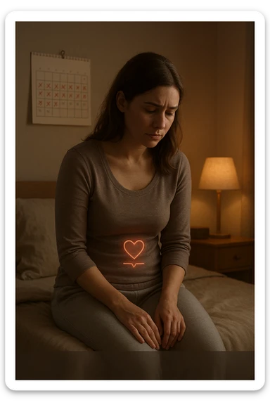 3D realistic medical illustration: a young woman in her 20s or 30s sits on the edge of a bed in a softly lit bedroom, looking thoughtful and slightly concerned. She wears comfortable loungewear, her posture is slouched, and her expression is subdued. Subtle visual cues—such as a faded calendar with missed menstrual cycles and a dimmed heart or energy icon near her abdomen—symbolize low libido and amenorrhea. The scene is realistic, intimate, and empathetic. sticker