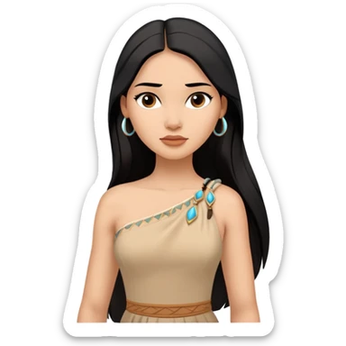 Pocahontas from hips up, tan dress with one shoulder, long black hair, minimal style but clearly recognizable sticker
