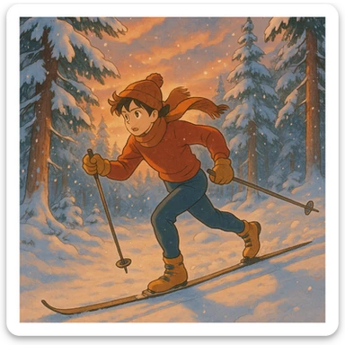 stylized cross-country skier, Ghibli style, dynamic movement, warm color palette, magical winter scene sticker
