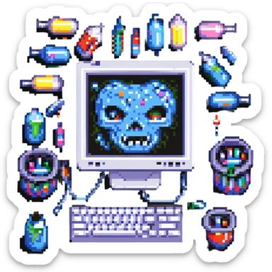 a wicked computer screen with sharp teeth, displaying a pixelated face, surrounded by floating capsules and syringes, pixel art style sticker