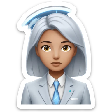 Artemis, A sleek female avatar with a focused, forensic gaze, wearing a minimalist white and silver tailored suit accented with moonlight blue. She is analyzing a transparent holographic interface displaying complex global sovereign credit data. sticker