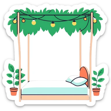 dreamy bed with twinkle lights and leafy vines hanging from above sticker