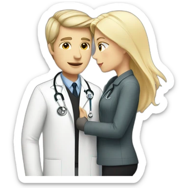 white doctor girl with black hair kissing a white man with blond hair and a jacket sticker