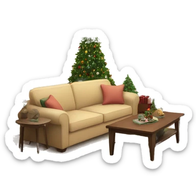 Cozy living room with christmas tree and a beige sofa and a tv sticker