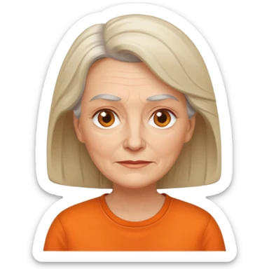 older white woman with orange shirt no smile sticker