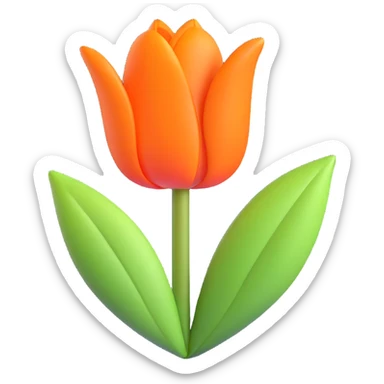 A single orange tulip with green leaves, surrounded by small decorative leaves and stars, in 3D iOS emoji style with soft gradients and glossy finish, no background. sticker