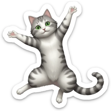 grey and white cat with green eyes doing a big extremely long stretch reaching up into the air with arms and legs side by side together straight and overextended whilst lying on its side sticker