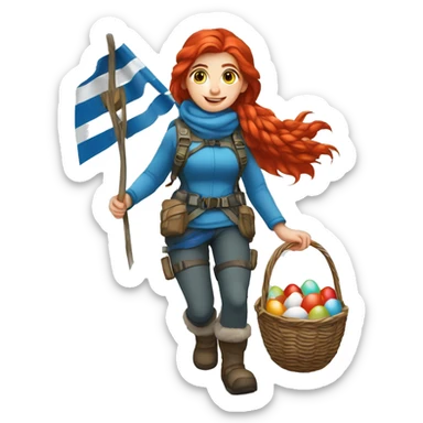 Female winter mountaineer red hair white skin climbing with Greek Flag and Easter eggs basket sticker