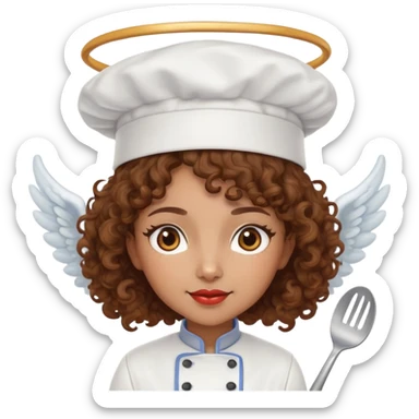 Light brown skinned mixed-race female chef with medium-length curly brown hair, wearing a chef's hat (toque), with both an angel halo and devil horns on her head sticker