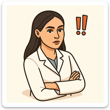Edit the image to depict a female doctor with dark long straight hair and detailed brown eyes (not just dots). She wears a white coat. The style is 2D isometric with a minimalist background. She looks straight at the camera with a serious but not strict expression, conveying importance as if her gaze communicates something important. Include two exclamation marks nearby. sticker