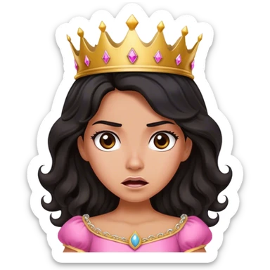 Very tanned princess, with long black wavy hair and a crown, a pink princess outfit But angry sticker
