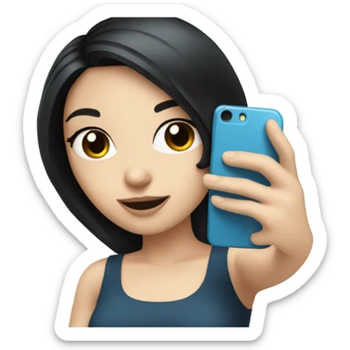 White girl taking a selfie with black hair and blue phone  sticker