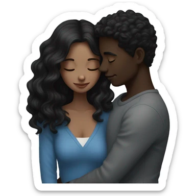 Intimate moment between lovers she  has wavy black Hair with dark skin and he is white with dark brown hair and has blue eyes  sticker