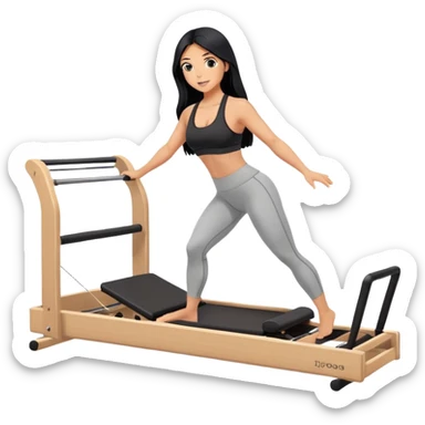 woman with tanned skin, long black hair, wearing a sports bra, doing Pilates on a reformer machine sticker