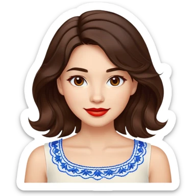 Enthusiastic woman with healthy glowing skin, round cheeks, warm smile, expressive light brown eyes, red lipstick, wavy dark brown shoulder-length hair, summery white top with blue embroidery and electric blue neckline sticker