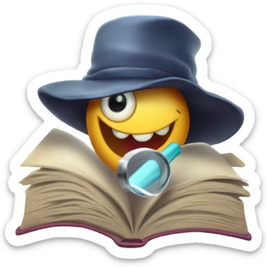 A cartoon worm wearing a detective hat, holding a magnifying glass, and popping out of an open book titled 'Wormholes for Beginners.' The worm has a cheeky, mischievous smile. Bright, playful colors with a simple background. sticker
