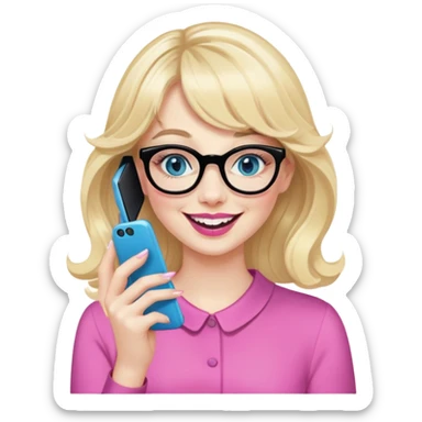 Pin up Woman with pale skin, wider face, blue eyes with eyeliner, thin eyebrows, pink lipstick, blonde wavy hair with bangs, wearing black glasses. Laughing on a mobile phone and pointing  sticker