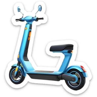 An icon featuring a sleek electric scooter parked on a scenic path. The background showcases a vibrant city park with green trees, flowers, and a clear blue sky. The sun sets in the distance, casting a warm golden glow on the landscape. Transparent background sticker