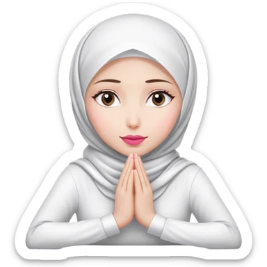 white hijab women are listening with her hands folded on the table. Her outfit is white. Her lips color is pink. sticker