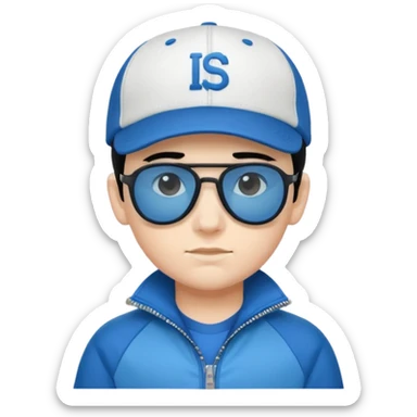 make a genmoji of a boy with a white baseball cap, black hair and a blue zipper jacket with black sunglasses sticker