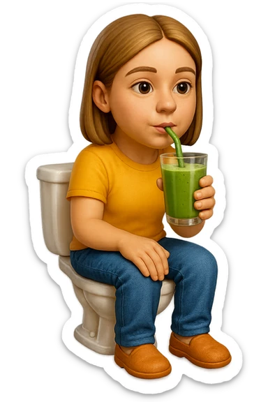 emoji stile iphone di una donna seduta sul wc che beve uno smoothies verde, iperrealistico 4k sticker