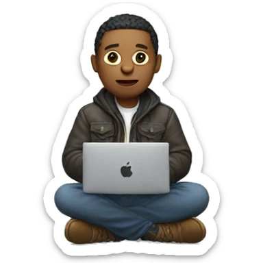 programmer sitting in a jacket holding a MacBook in his hands sticker