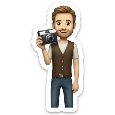 tall white man with brown hair no beard holding a polaroid camera sticker