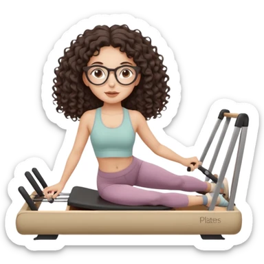 Memoji-style girl with long dark brown curly hair, round glasses, large brown eyes, soft rounded face,makeup, warm beige skin tone, wearing Pilates activewear performing Pilates and reformer Pilates exercises on a reformer machine, pastel color palette, smooth soft shading sticker
