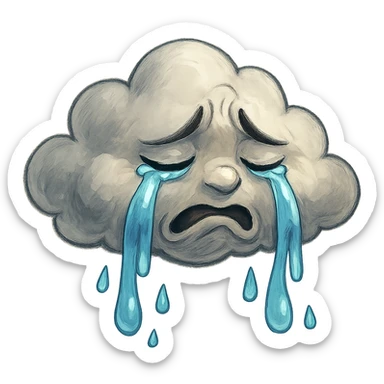 crying cloud with cartoonish face, crying, sad expression, detailed, emotional, GPT Image style sticker