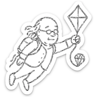 hand-drawn black outline icon of Ben Franklin with jetpack, left hand holding diamond kite, right arm outstretched in flight, minimalist startup logo sticker